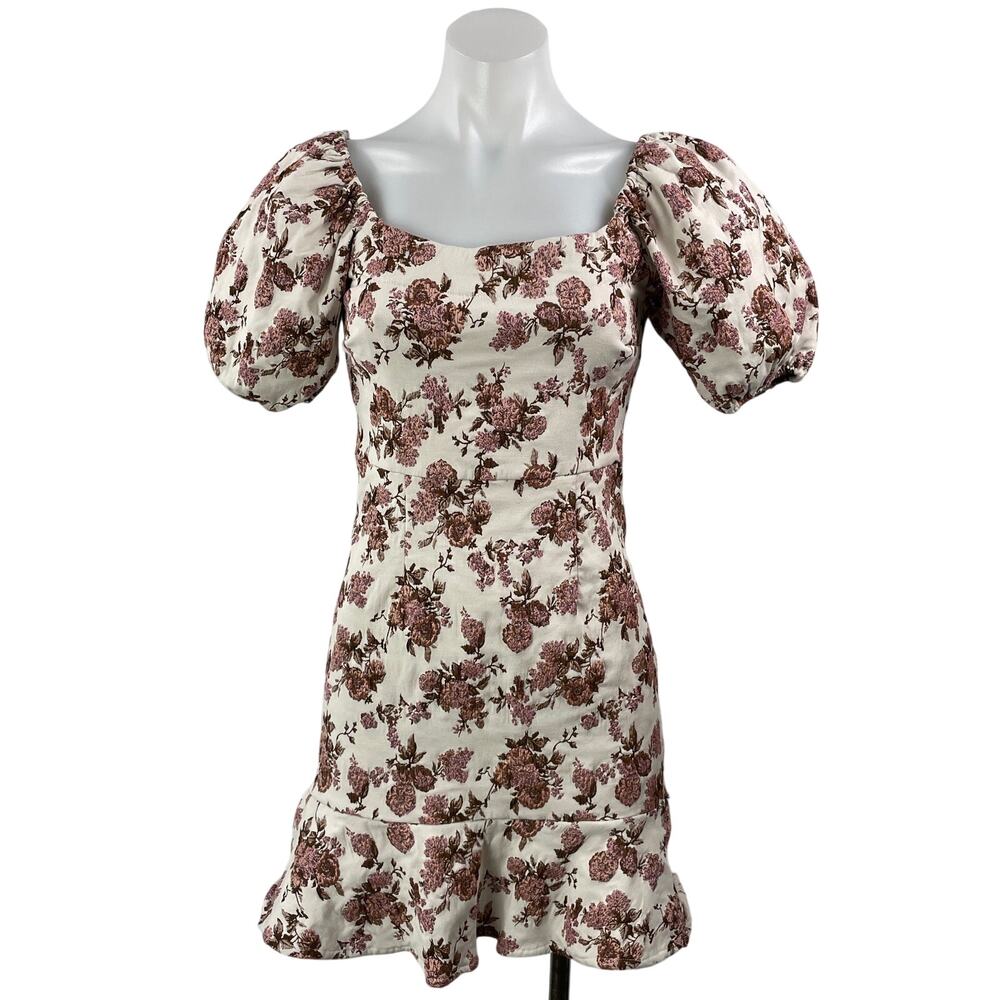 Aqua White Pink Floral Jacquard Short Puff Sleeve Ruffle Sheath Mini Dress Sz S